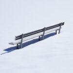 Photo of an aluminum bench on a snow covered field.