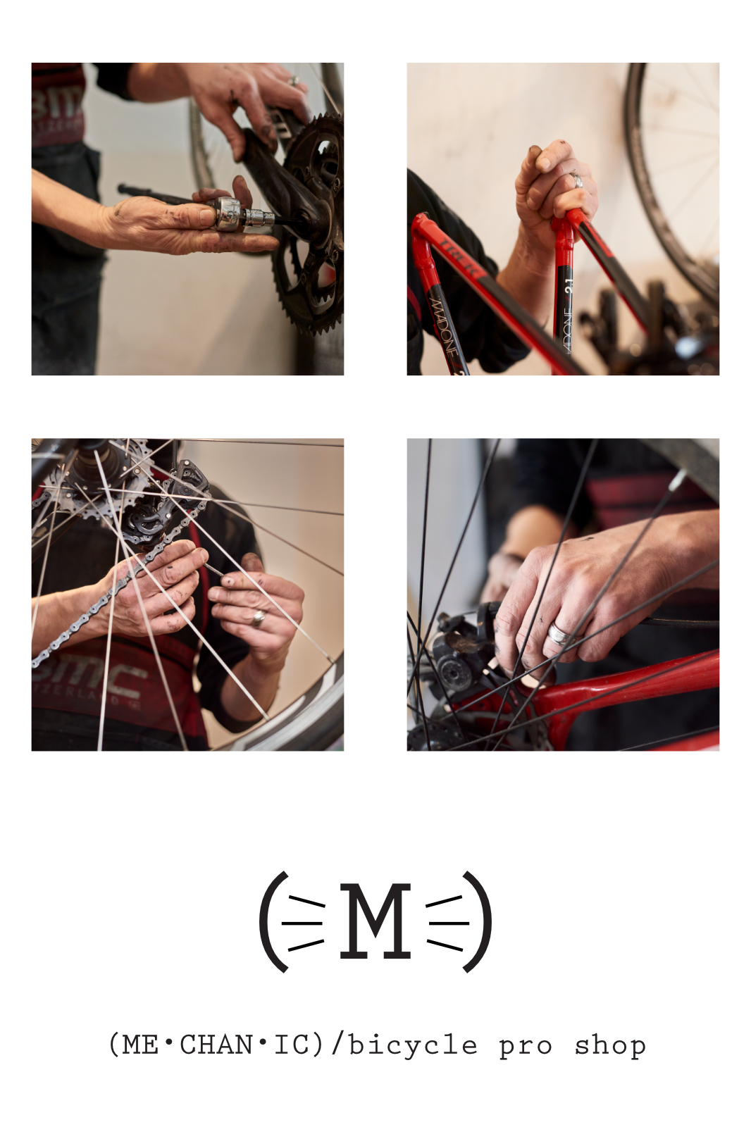 A test poster of four color photos of hands working on bicycles.