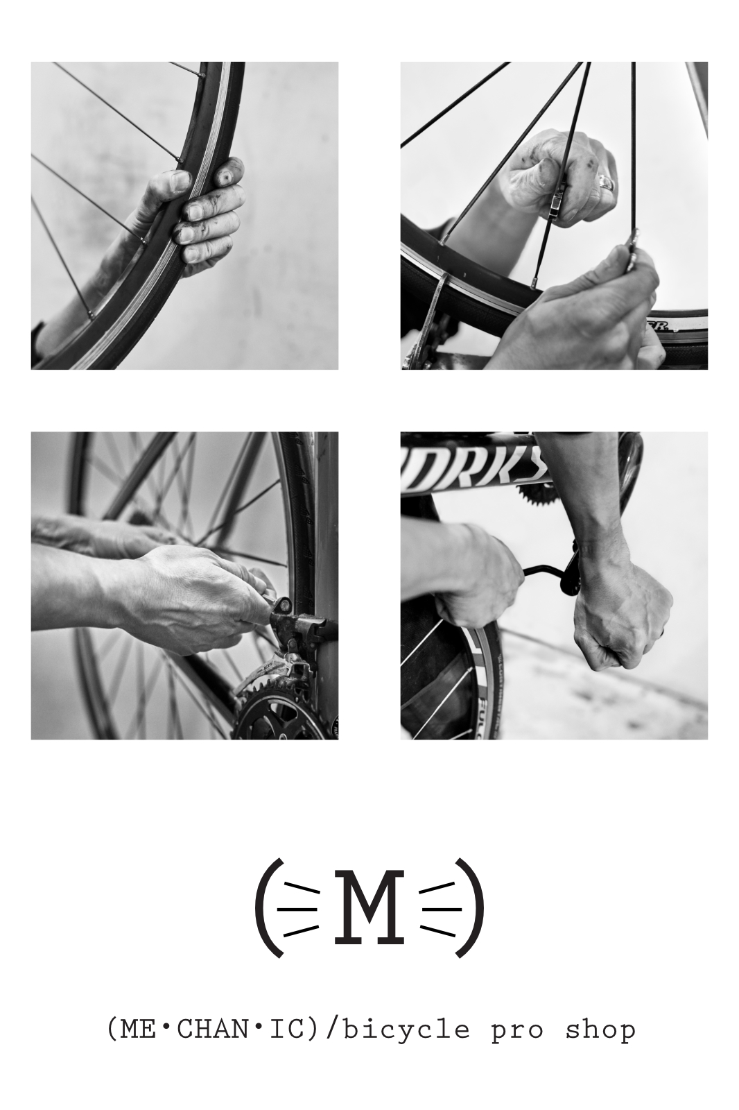 A test poster of four black and white photos of hands working on bicycles.