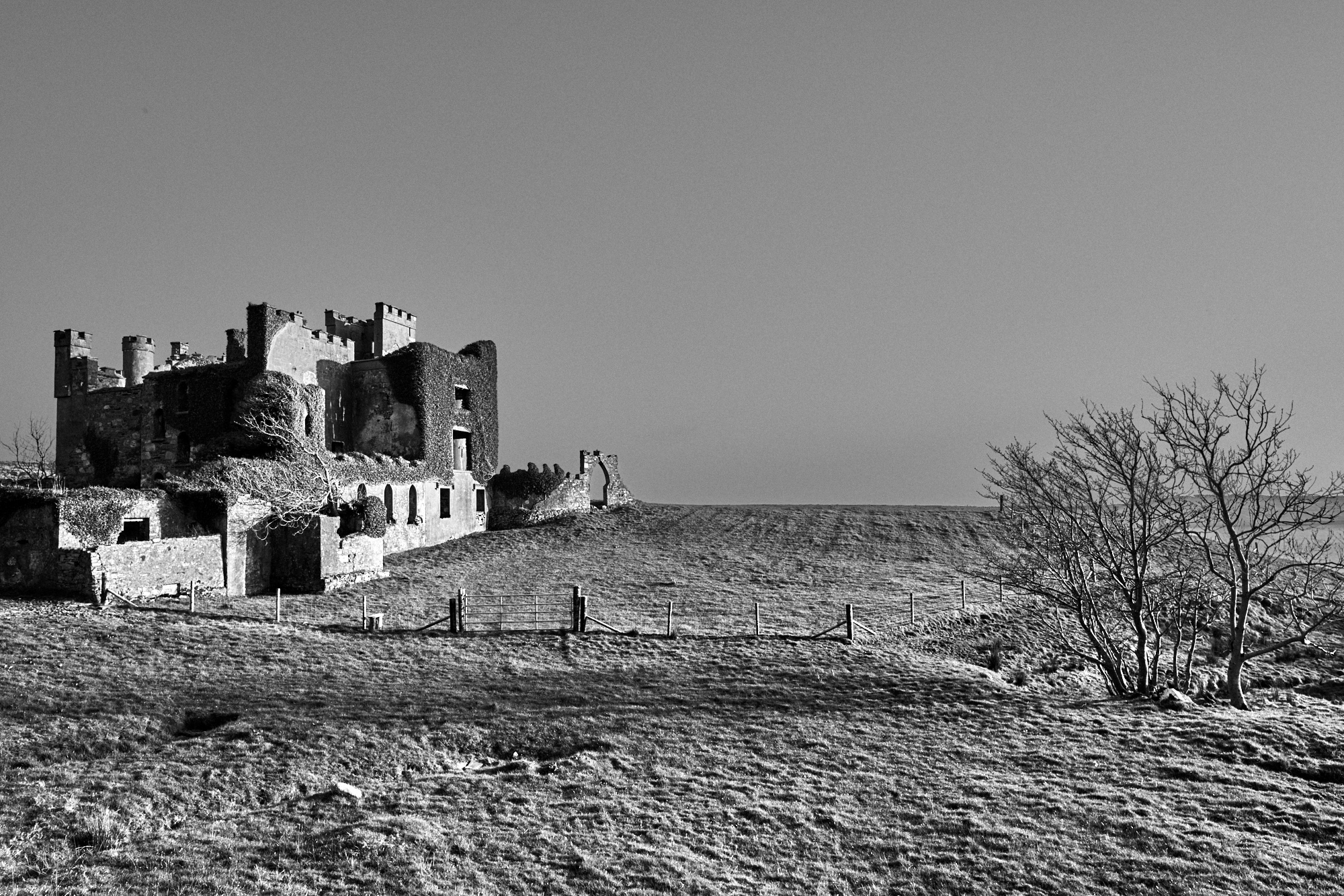 Postcard for April 2022: Black and White photo of a ruined castle.