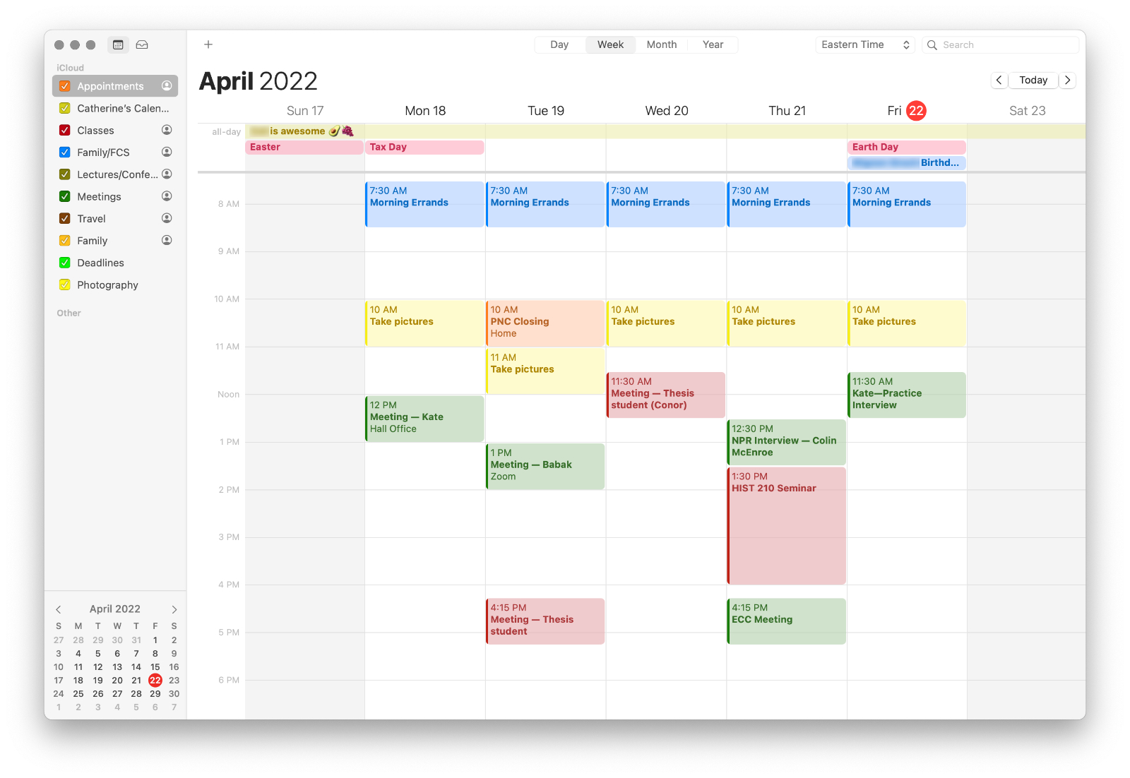 Screenshot of my calendar for a week in April showing my appointments for taking photos.