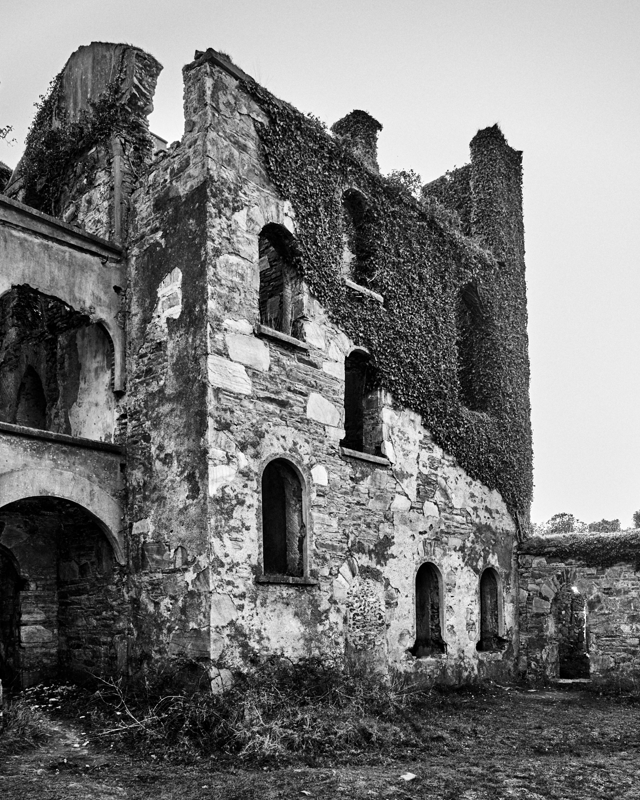 Urban #220329.1. Black and white photo of the back of Clifden Castle.