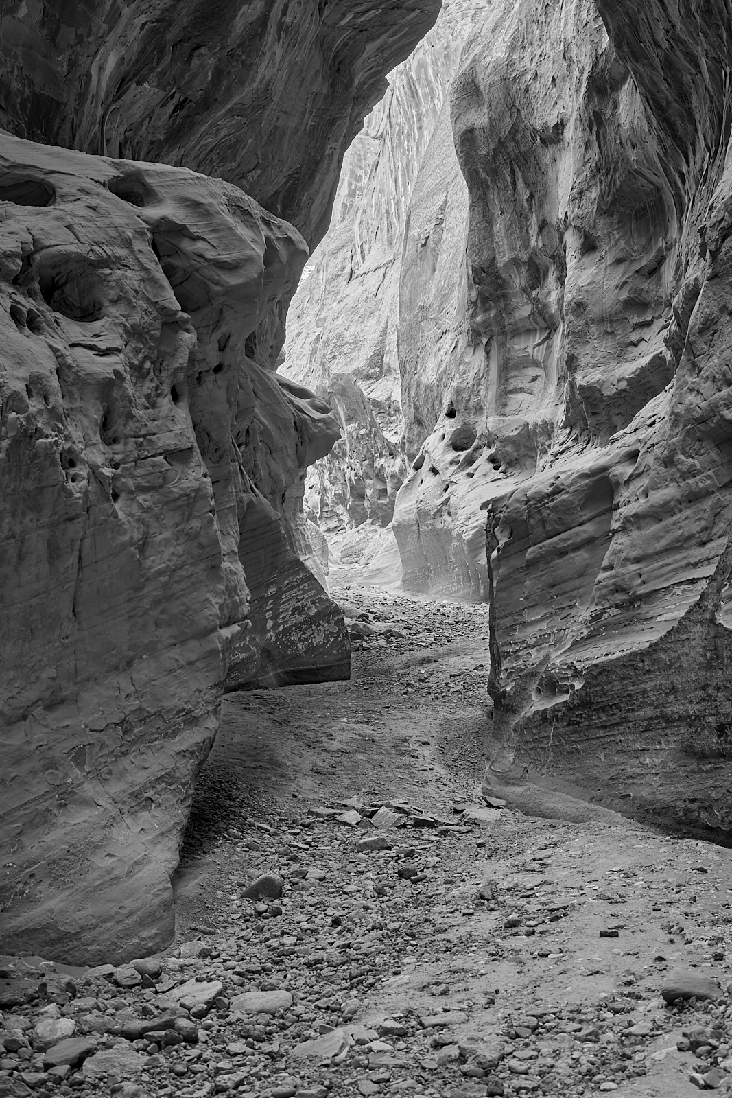 Landscape #220512.1. A black and white photograph of the narrows in a canyon.