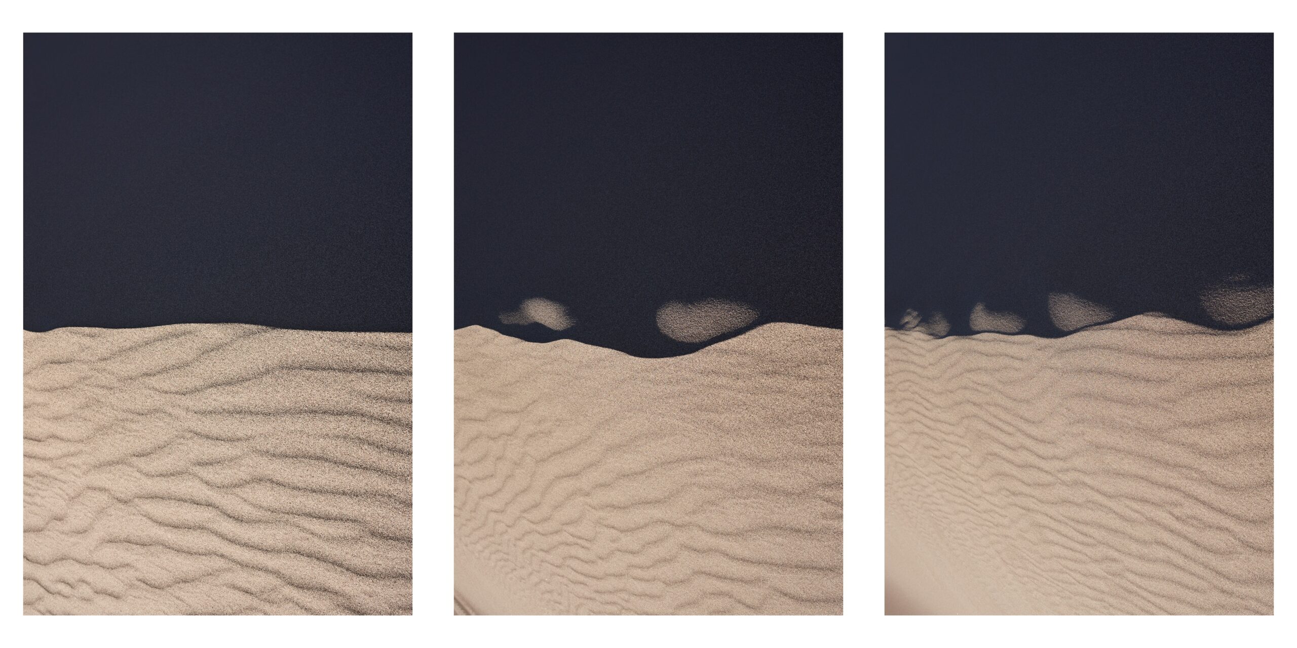 Landscape #230820. A triptych of color photos of sand and shadow.