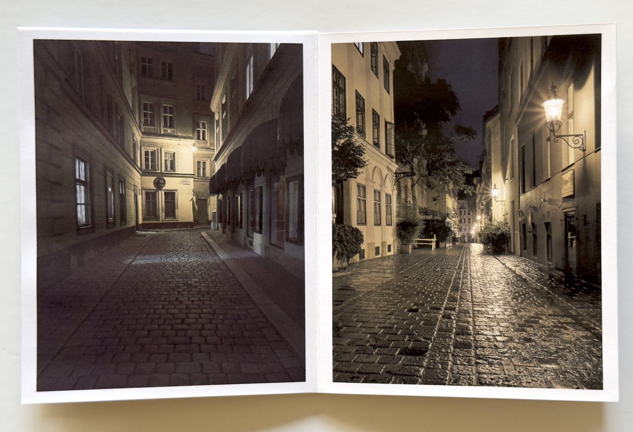 Color photograph of two pages in the “Vienna at Night” zine, after I folded and cut it.