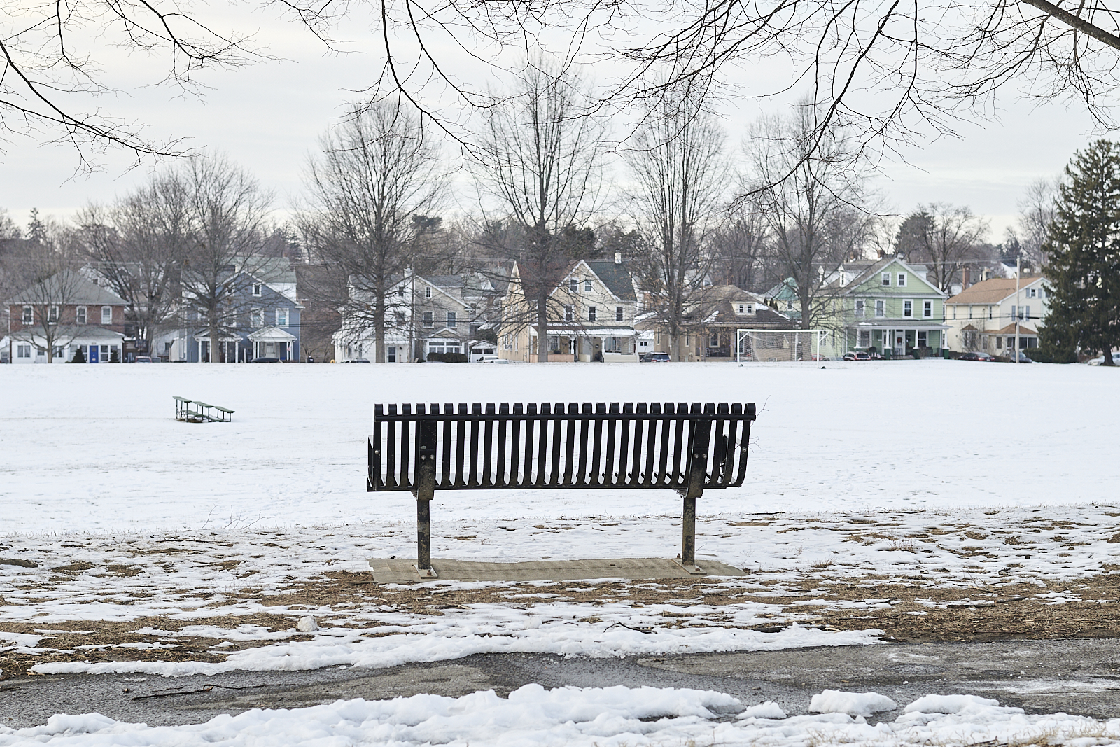 Urban #250125 is a color photo of a bench on a knoll looking out over a snow covered field. A row of houses, twins, border the far side of the field.